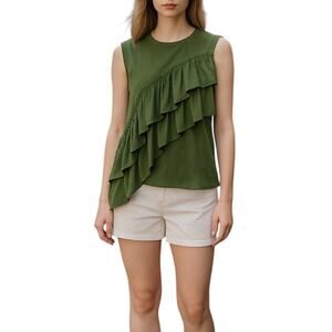 J. Crew Tiered Ruffle Drapey Crew Neck Tank Top Green Size M